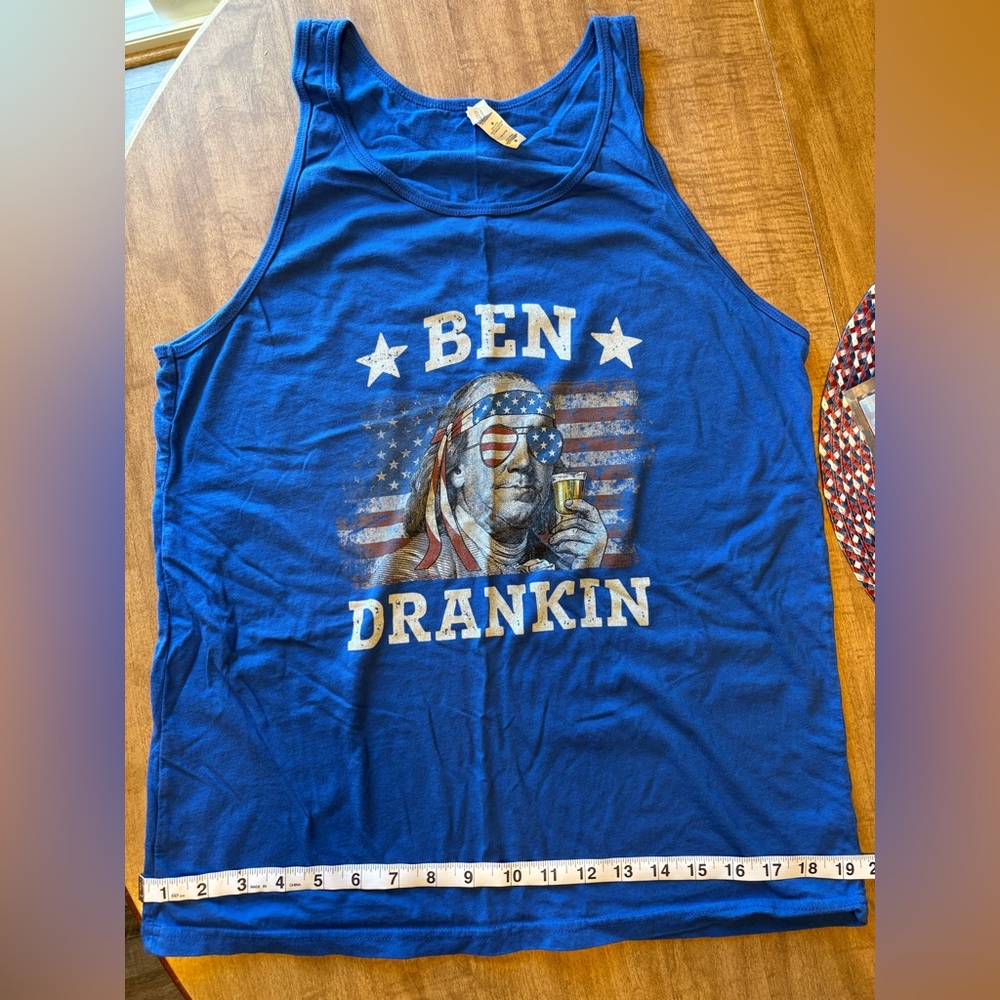 Funny, bright blue USA tank top for women. (Size Medium) Bella Canvas brand